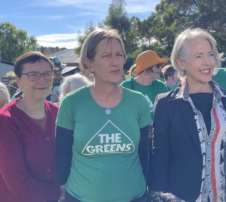 Legislative Council Hobart candidate Cassy O'Connor (C) flanked by present Greens leader Dr Rosalie Woodruff (R) and newly elected Hobart MHA Helen Burnett. Picture by Ben Seeder 