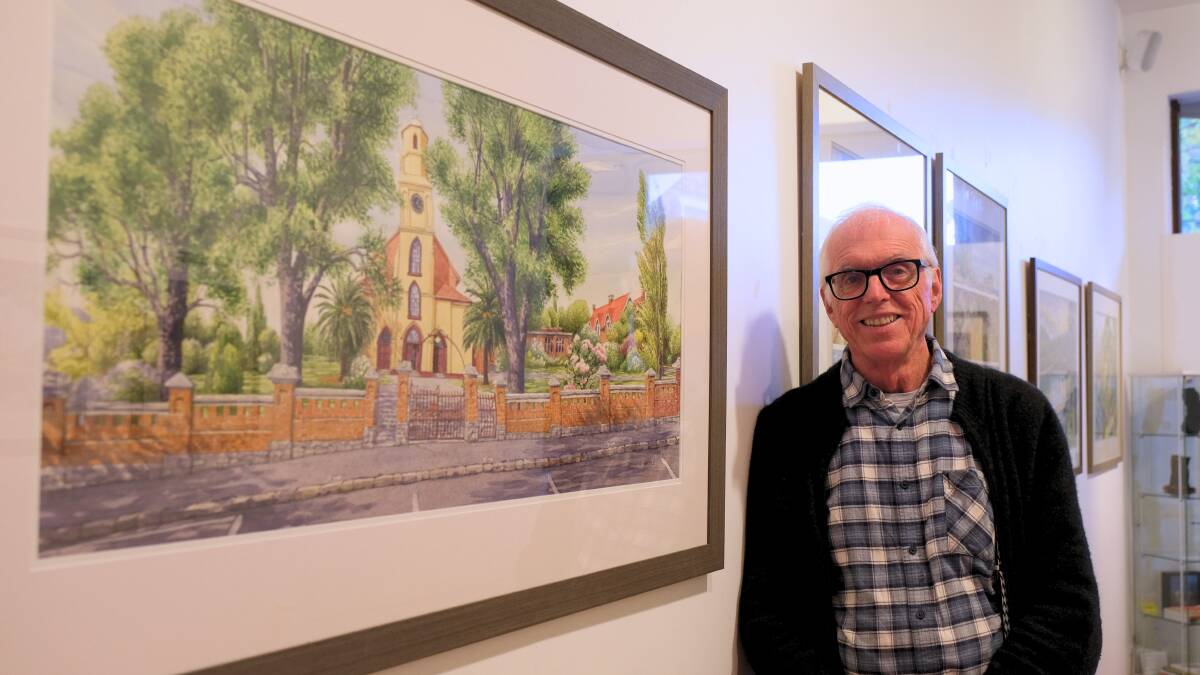 Graeme Whittle with his piece 'St. Johns Afternoon' in his new exhibition at Madeline Gordon Gallery, 'Launceston+'. Picture by Declan Durrant